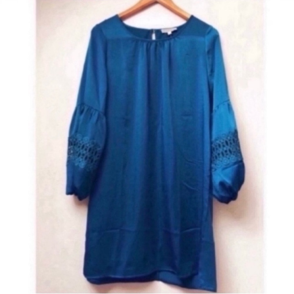 Turquoise Blue Silky Shift Dress Lace Keyhole